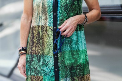 green and blue printed dress