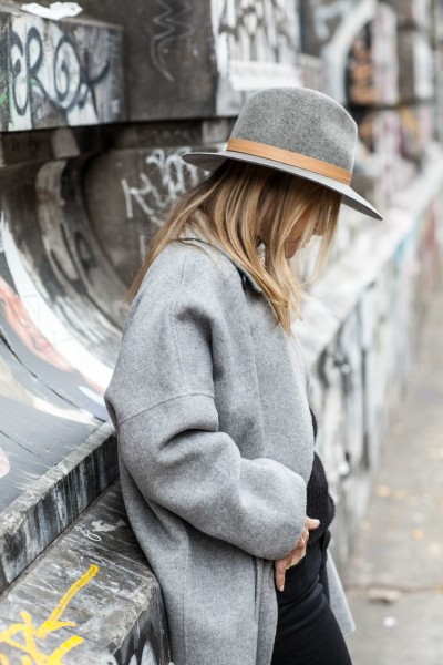 grey coat with grey hat